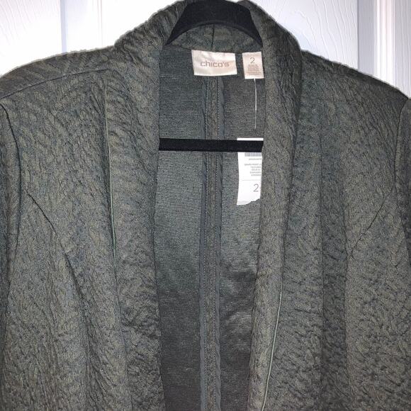 Chico's Womens Textured Drape Front Jacket Size L 12 Evergreen Cotton Stretch - Picture 3 of 11